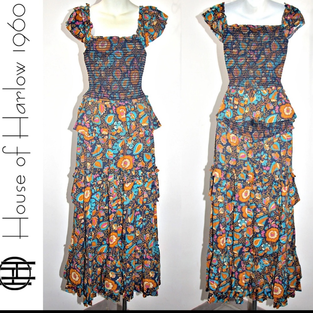 HOUSE OF HARLOW Floral Print Smocked Top & Tiered Smocked Maxi Skirt Set boho